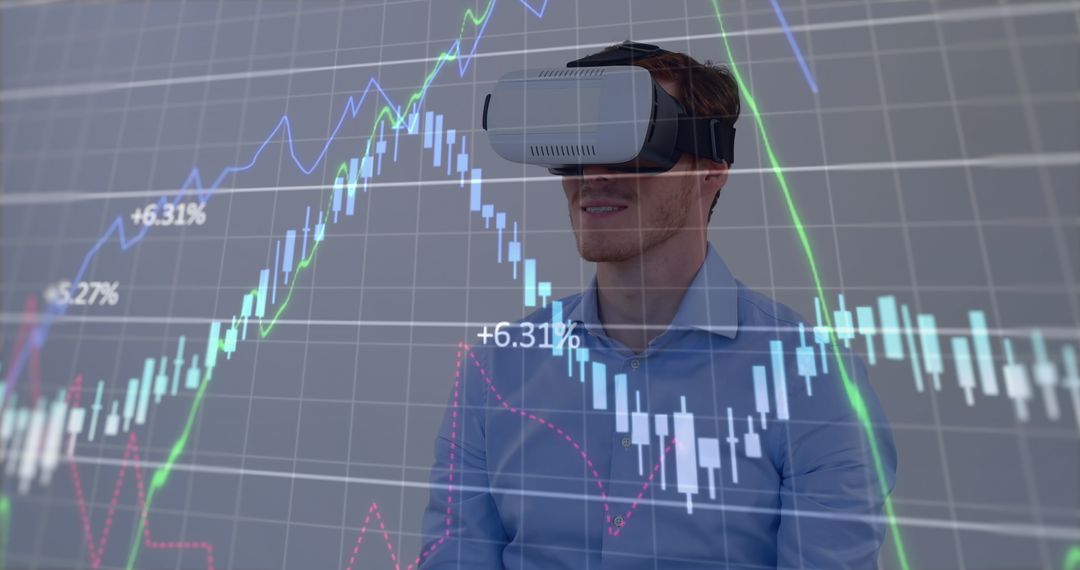 Man Immersed in Virtual Financial Data Through VR Headset