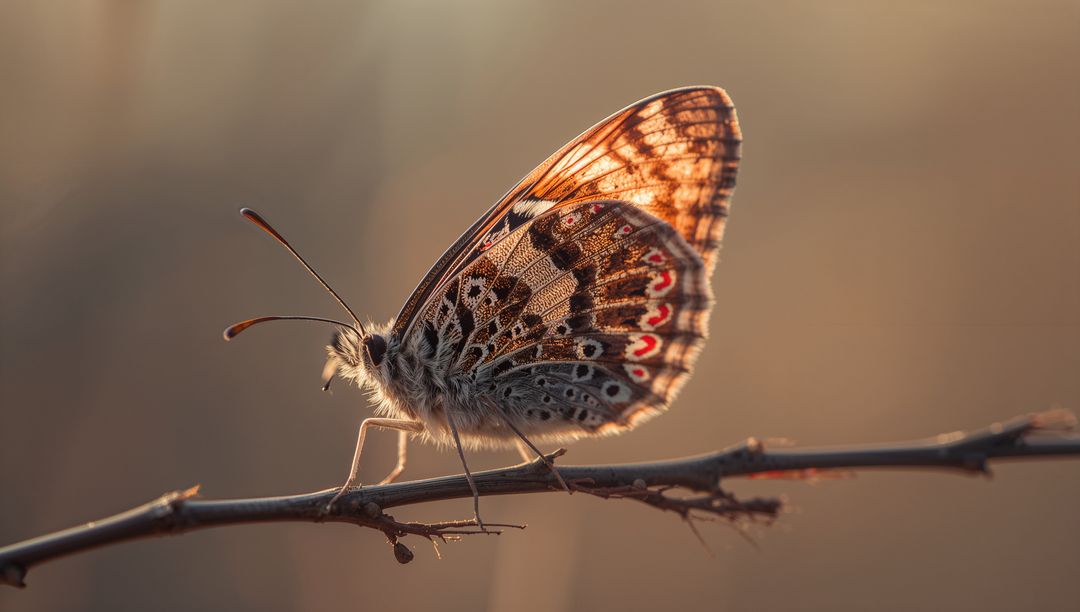 Backlit Brown Butterfly Perching on Twig Showing Intricate Wing Pattern and Antennae