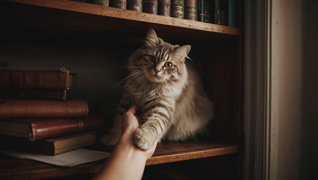 Fluffy tabby cat reaching paw into human hand on vintage bookshelf with leather books