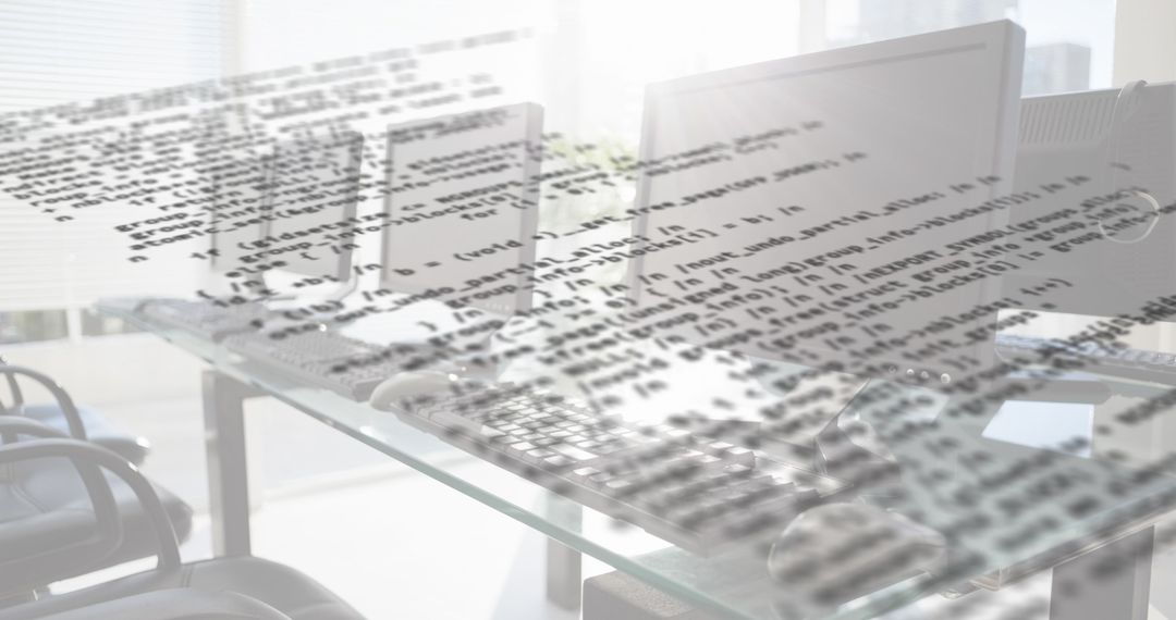 Digital code overlay on office computers in workplace