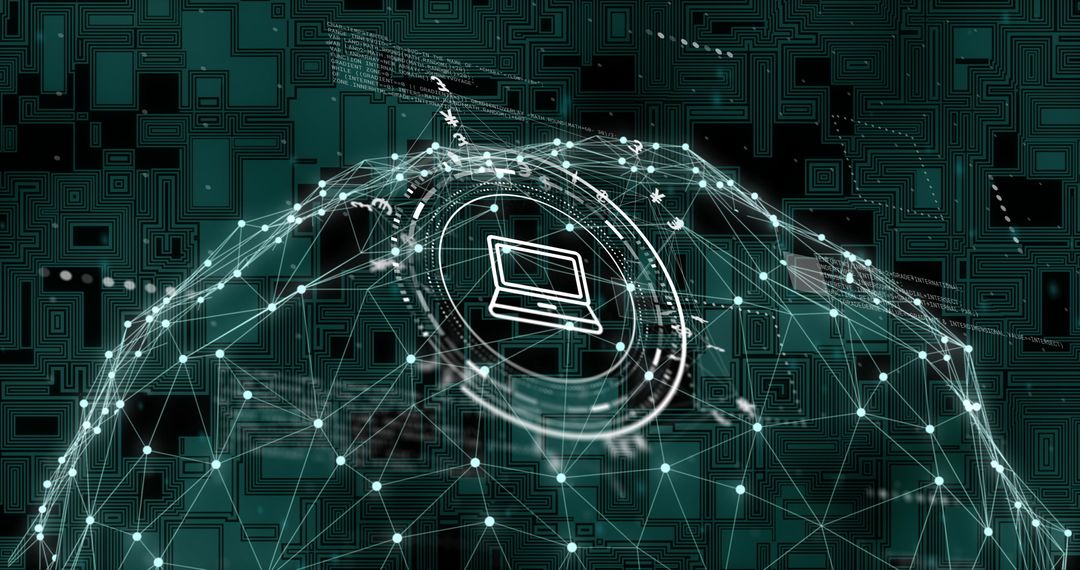 Digital Network with Futuristic Laptop Icon Showcasing Global Connectivity