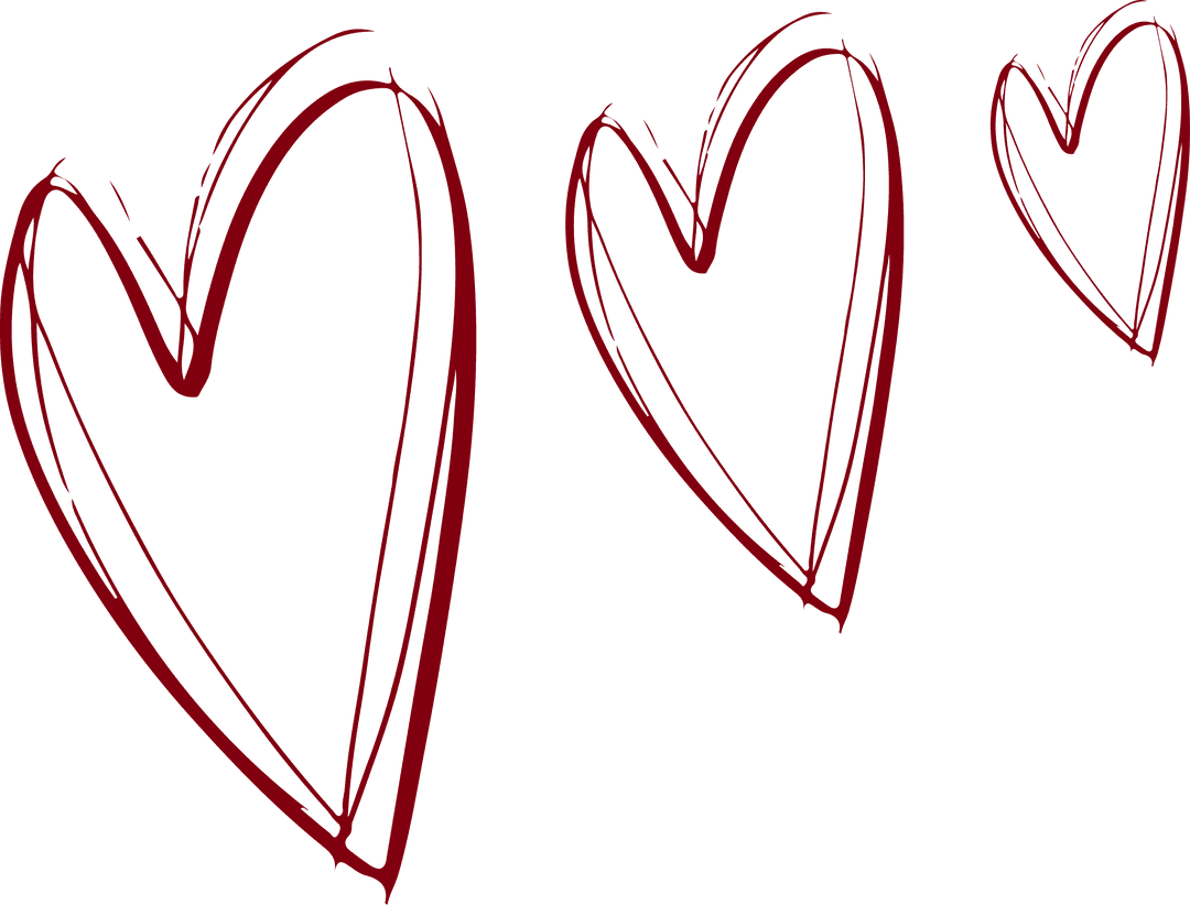 Three Red Sketched Hearts on Transparent Background