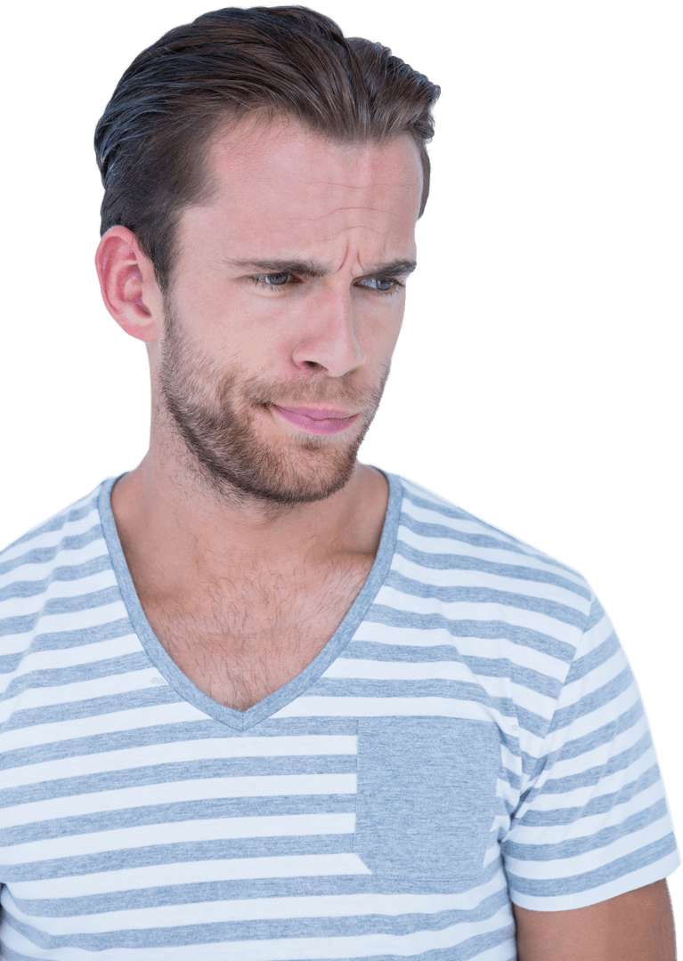 Transparent Background of Man Wearing Striped Shirt Looking Confused