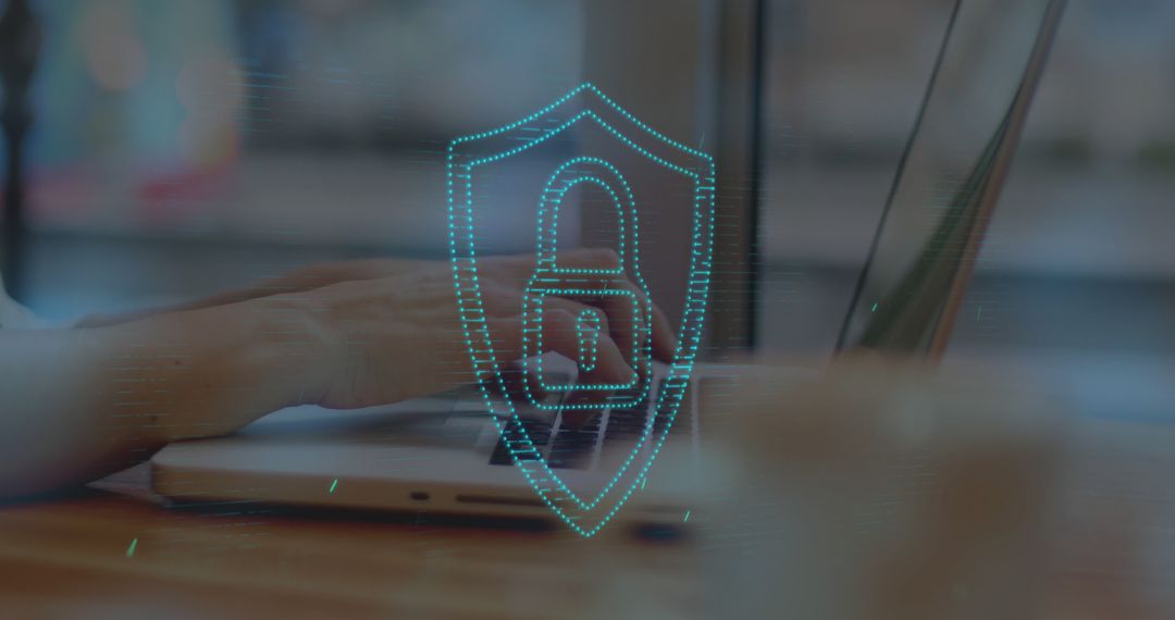 Digital Security Padlock Over Laptop User Hands