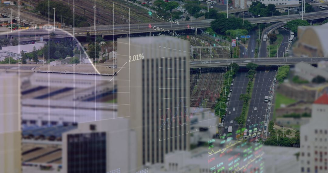 Digital Financial Analytics Overlaid on Cityscape