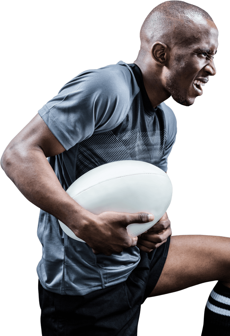 Transparent Determined Rugby Player Holding Ball