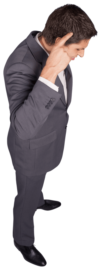 Joyful Businessman Touching Head in Gray Suit on Transparent Background