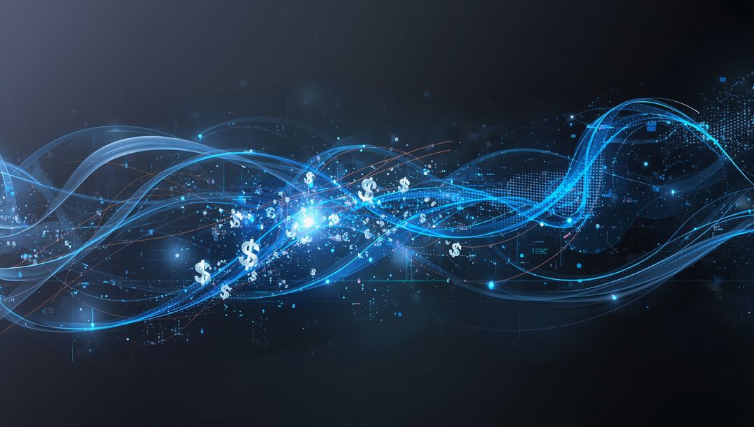 Futuristic Digital Waves with Dollar Icons and Data Bits