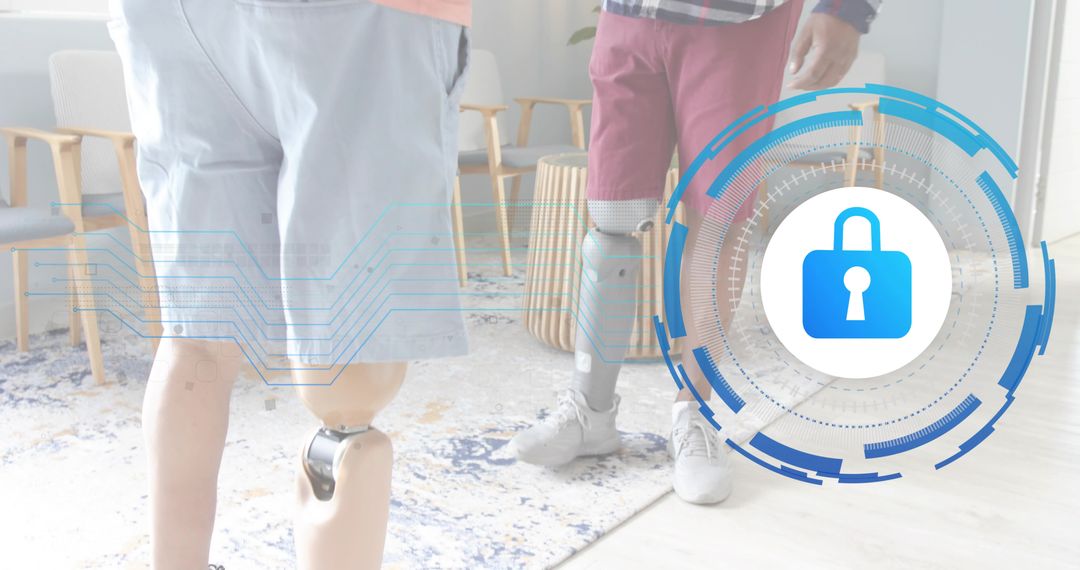 Two men adjusting below-knee prosthetic legs in rehab lounge with HUD lock overlay