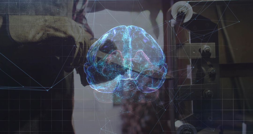 Technician Operating Machine with Holographic Brain Overlay