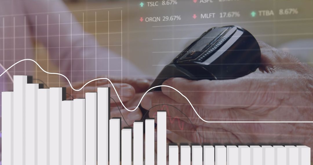 Senior Woman Using Credit Card Reader Amid Stock Market Graphs