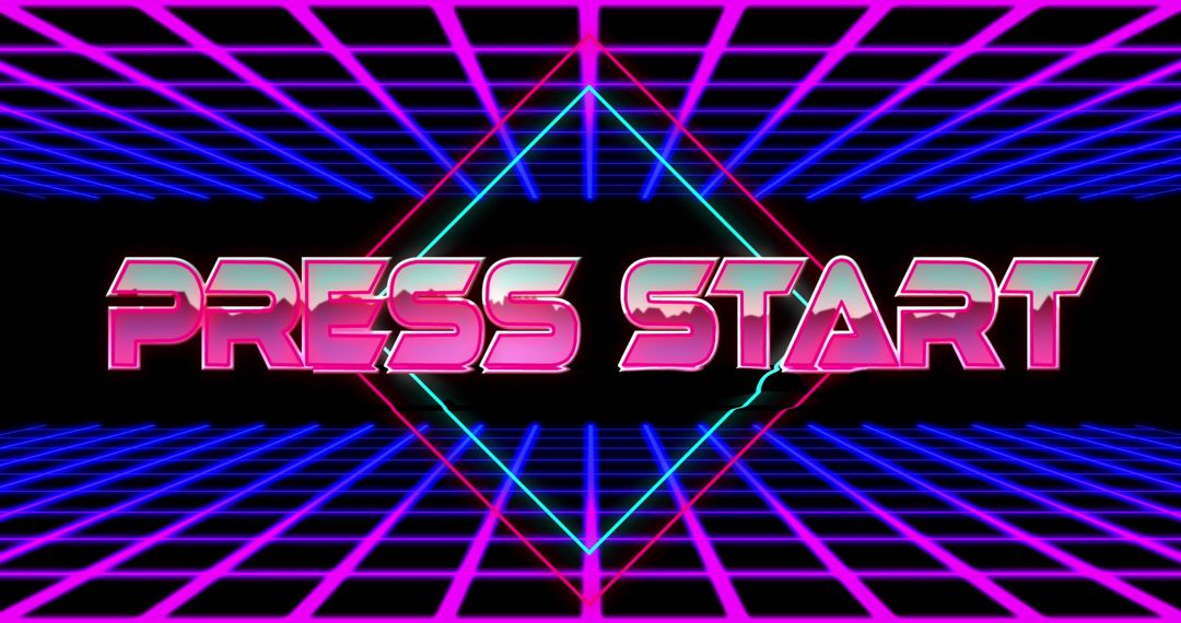 Retro Neon 'Press Start' Gaming Theme with Digital Grid and Vibrant Colors