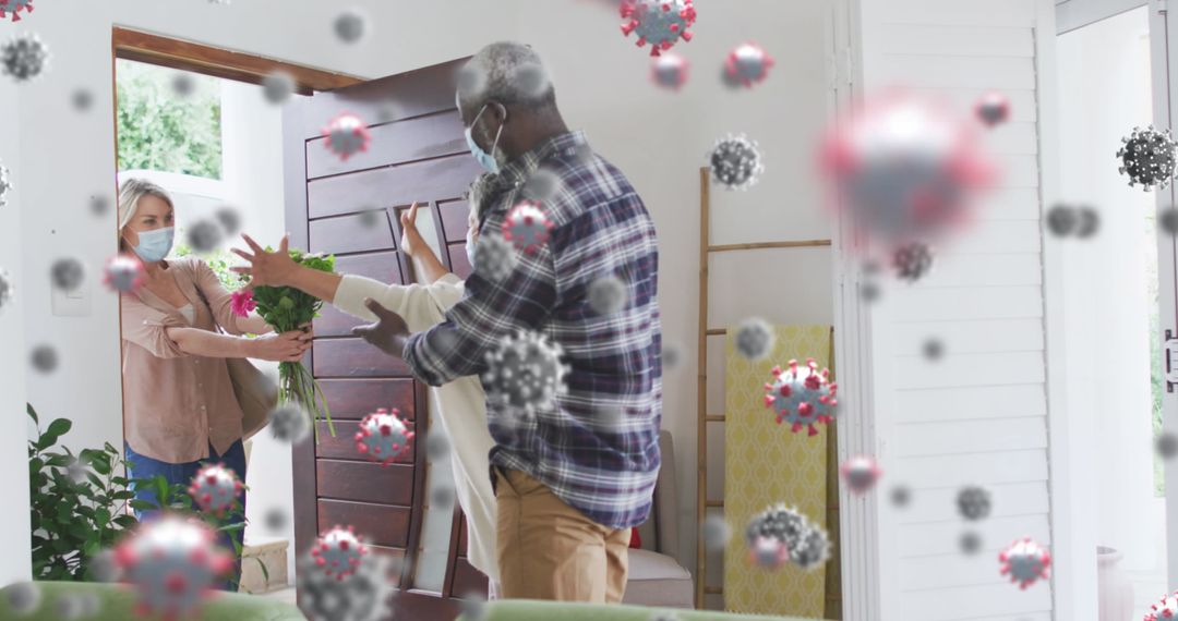 Couples Socializing at Home During Covid-19 with Floating Virus Cells