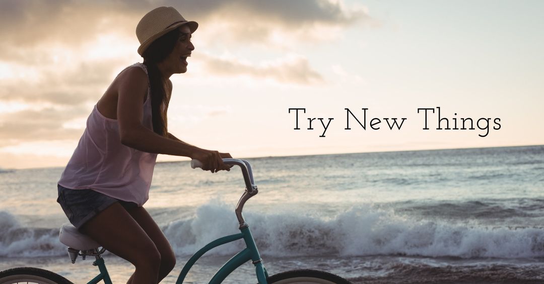 Woman Cycling on Beach at Sunset Promoting Adventure and Motivation - Download Free Stock Templates Pikwizard.com