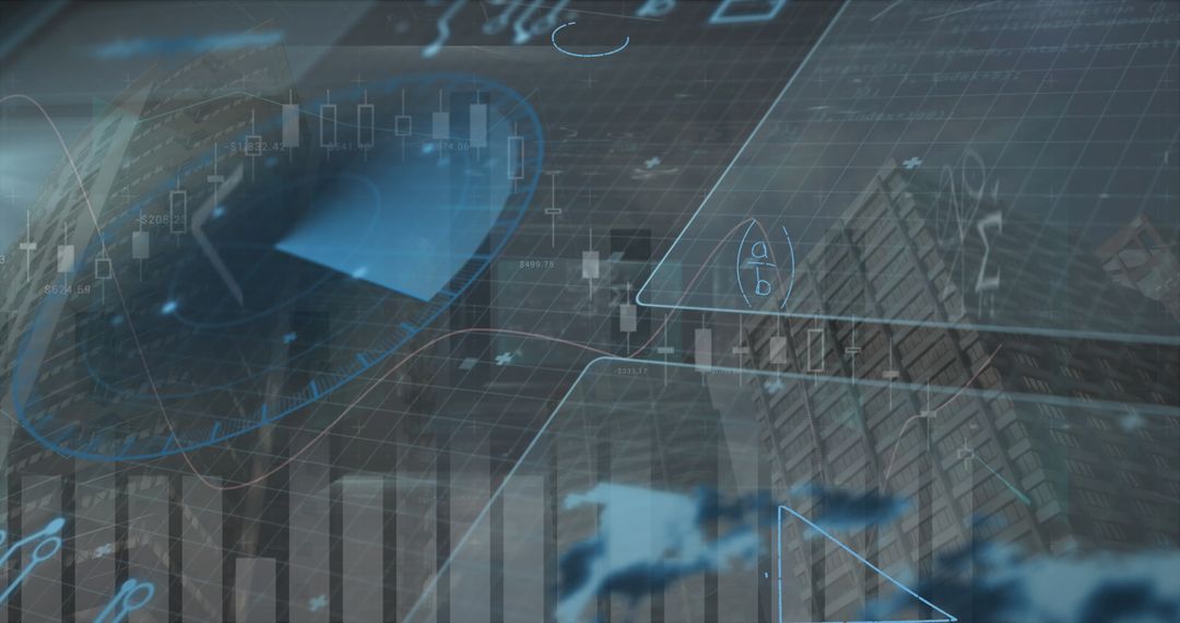 Futuristic Technology Overlay with Urban Skyline and Data Visualizations