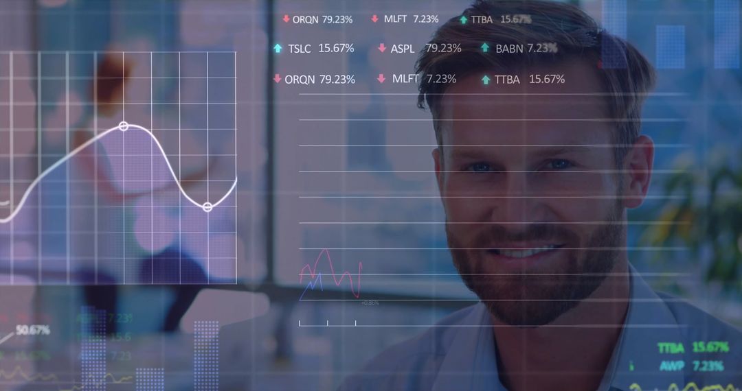 Caucasian Businessman Analyzing Financial Data Visuals in Office