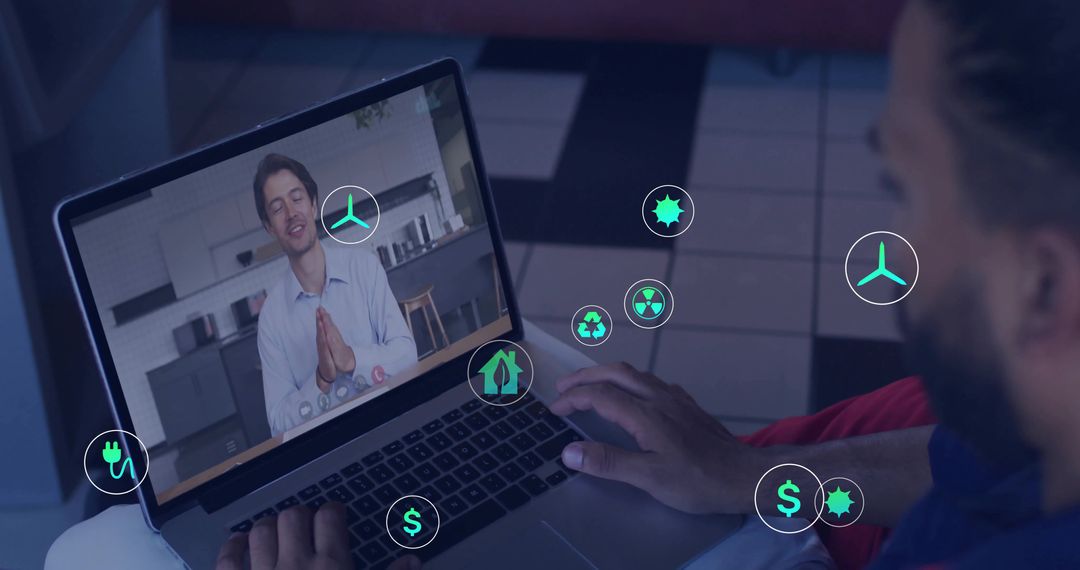 Businessman Engaging in Virtual Meeting with Digital Icons Overlay