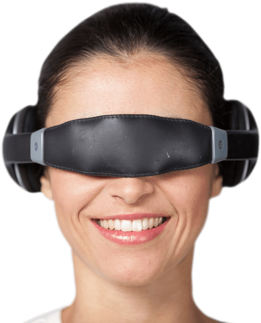 Smiling Woman Wearing Futuristic Virtual Reality Glasses Transparent Background