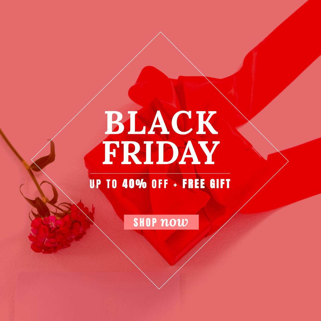 Black Friday Sale with Gift and Flower on Red Background