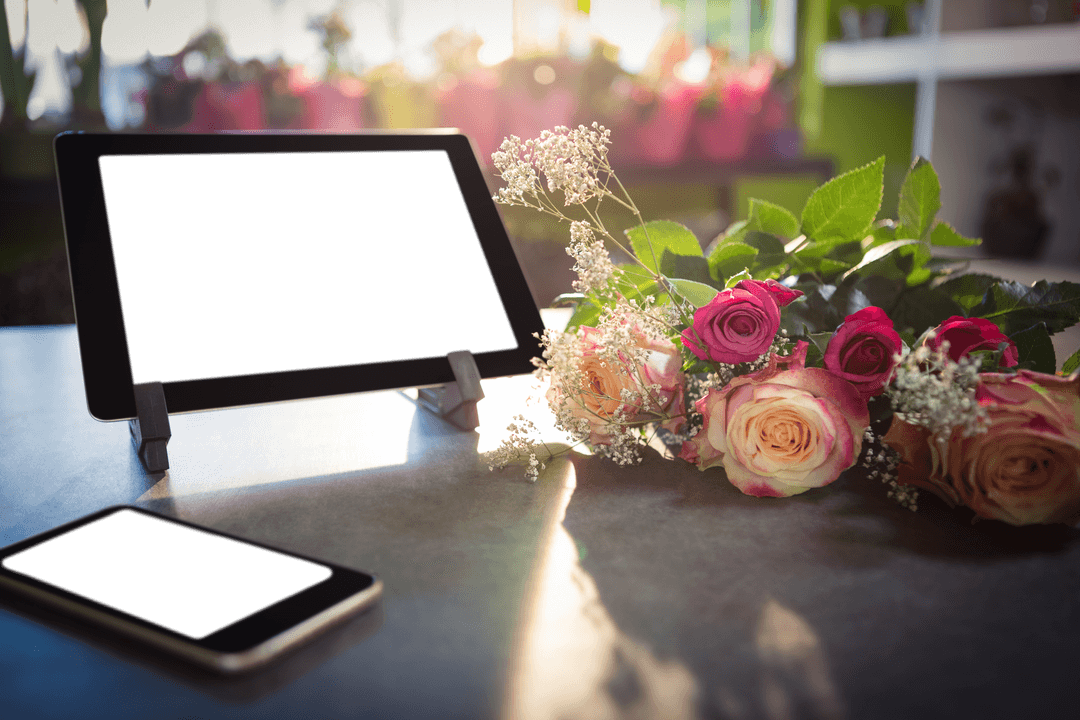 Modern Mobile Tablet Display with Roses in Natural Light