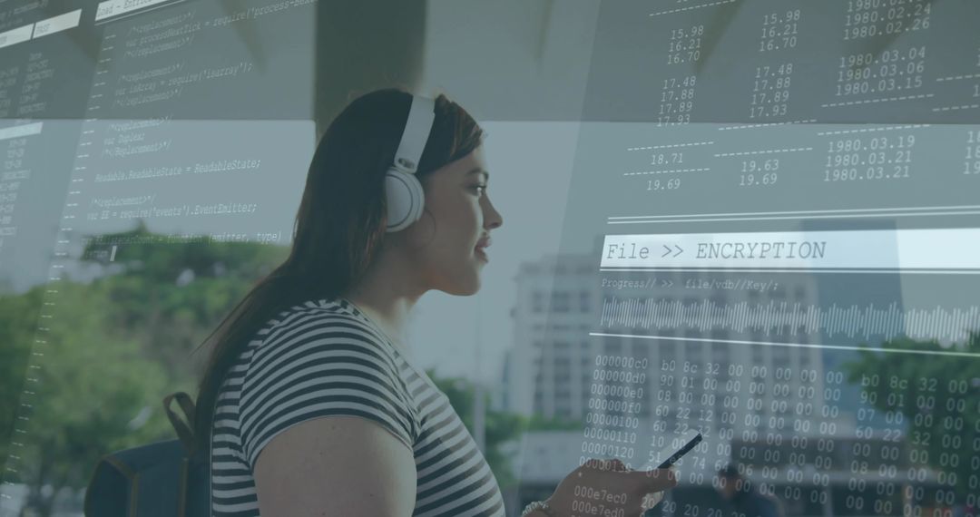 Woman Engaging with Digital Encryption Interface Display in Urban Environment