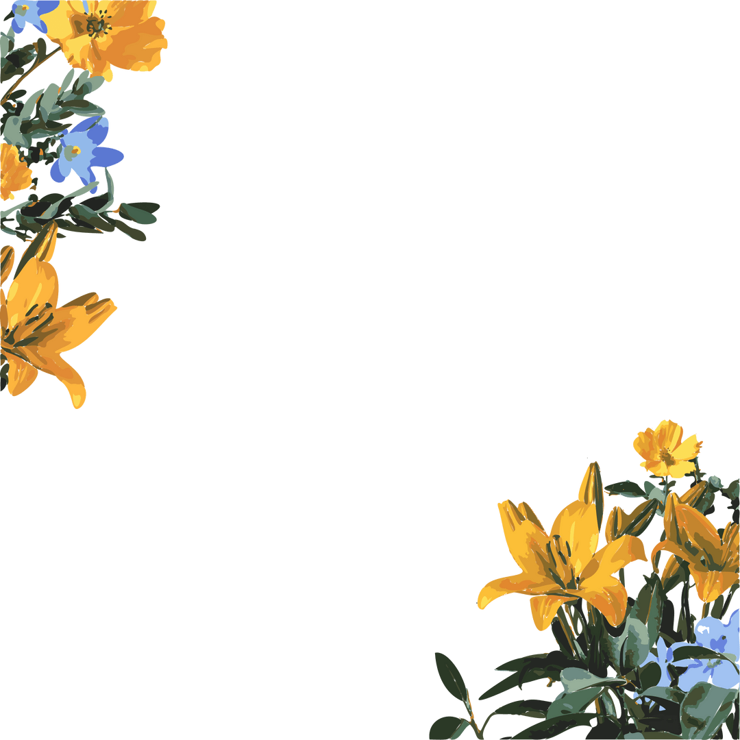 Corner Border of Yellow Lilies and Blue Blossoms on Transparent Background