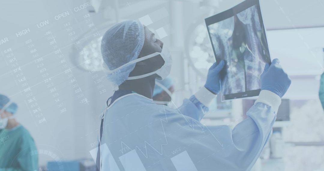 Doctor Analyzing X-ray with Technological Interface Overlay