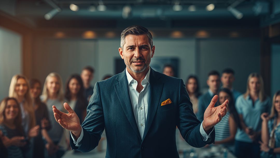 Confident Leader Presenting to Diverse Team in Modern Office