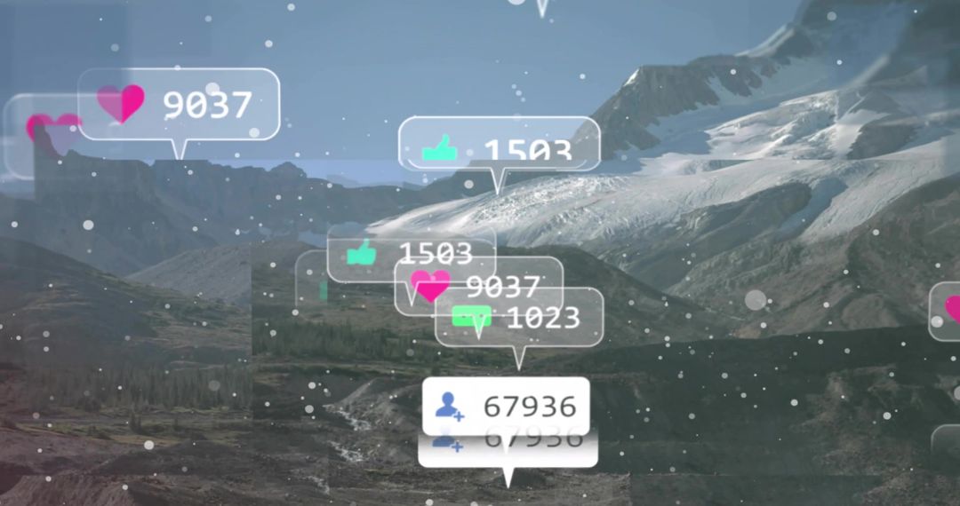 Augmented Social Reactions Floating Over Alpine Glacier Valley Showing Likes and Followers