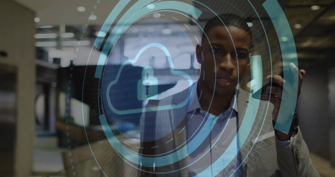 Businessman Analyzing Cloud Security Interface in Modern Office