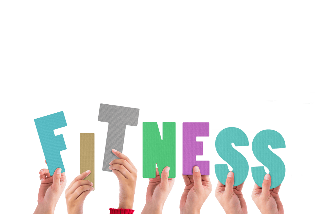 Hands Holding Colorful Fitness Letters on Transparent Background