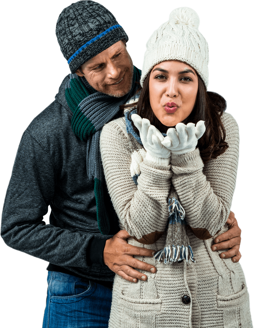 Romantic Couple in Winter Clothes with Cute Expressions on Transparent Background