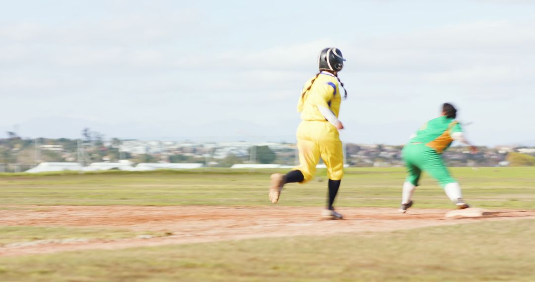 Female Athletes Sprinting on Softball Field Near Base