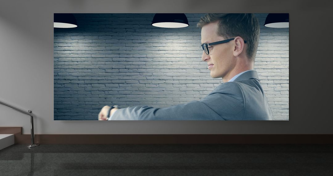 Businessman Checking Time on Smartwatch in Modern Office Lobby