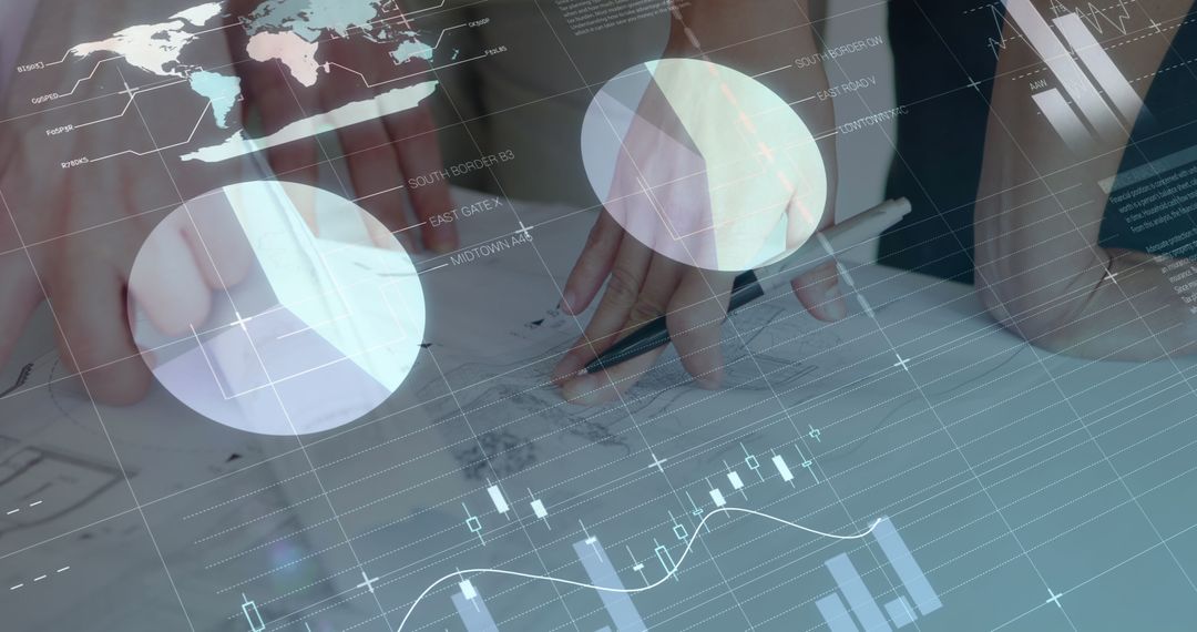 Business Team Analyzing Global Market Data with Infographic Overlays