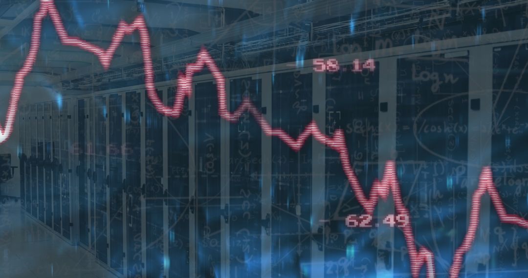Futuristic Data Center with Red Line Graph Overlay