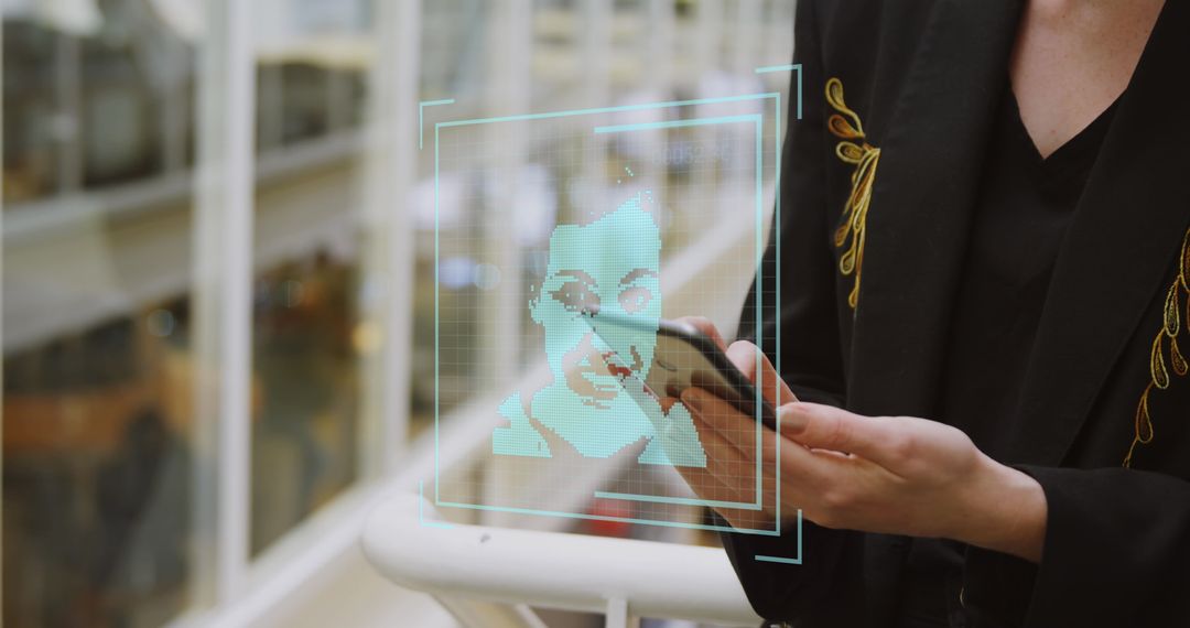 Businesswoman Utilizing Facial Recognition in Modern Workspace