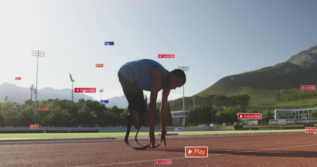 Athlete with Prosthetic Leg Preparing on Track Surrounded by Social Media Elements
