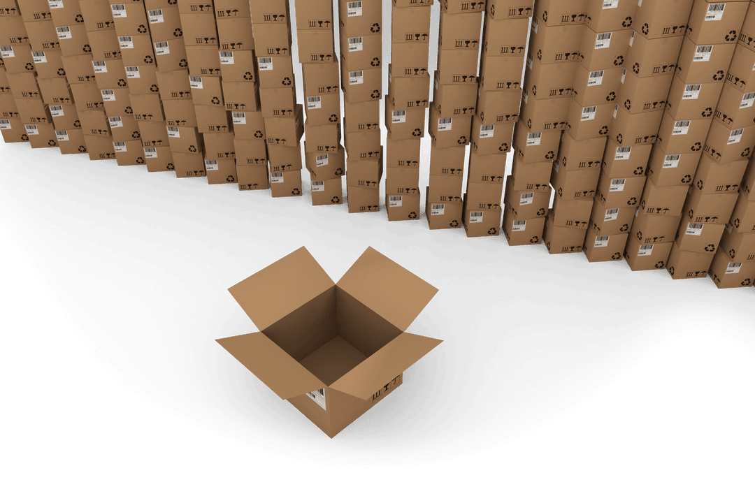 Transparent Empty Cardboard Box Among Stacked Boxes