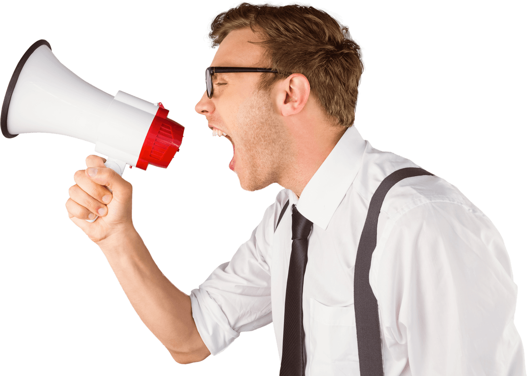 Transparent Businessman Shouting Through Megaphone with Focus and Style