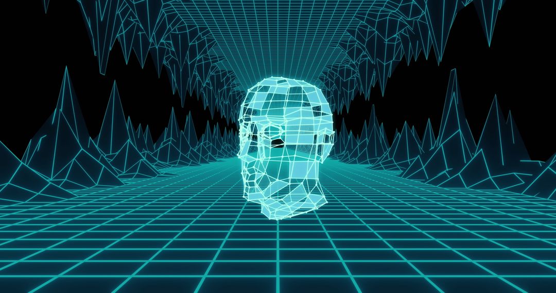 Futuristic Wireframe Face in Digital Grid World