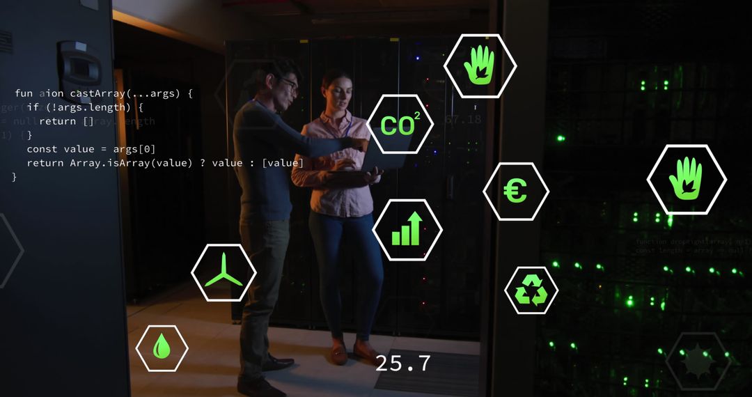 Diverse IT Engineers Analyzing Data in Server Room with Digital Interface