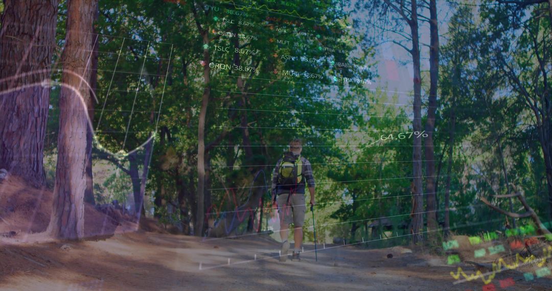Hiker Trekking Forest Trail with Futuristic Data Overlays