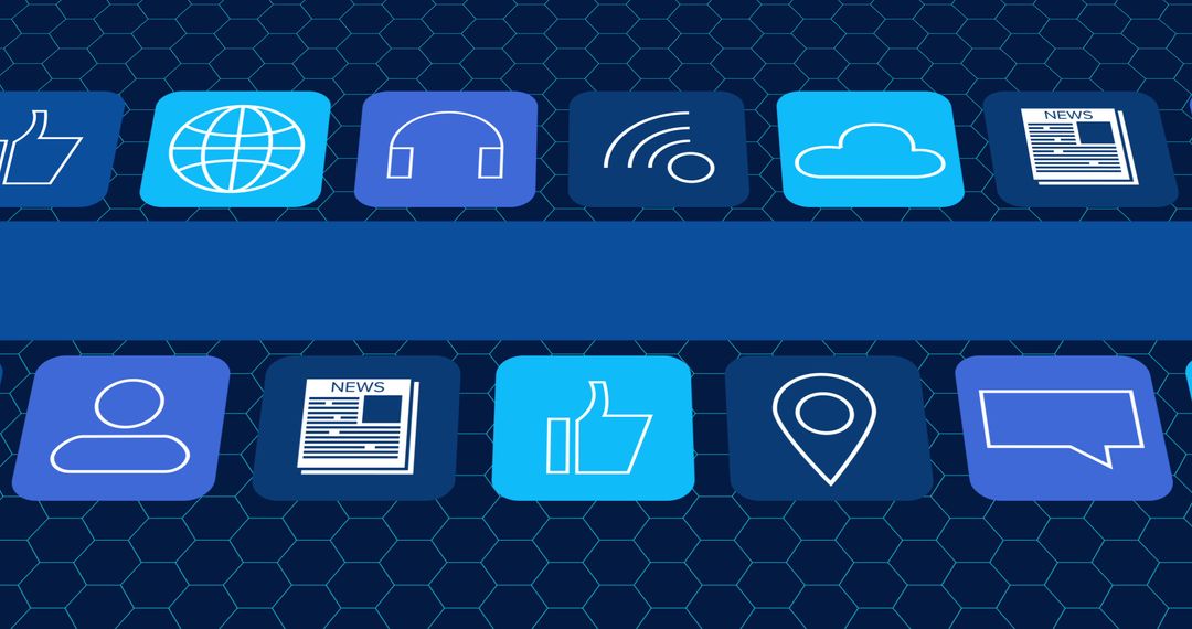 Digital Interface Icons Overlapping Hexagon Pattern on Dark Blue Background