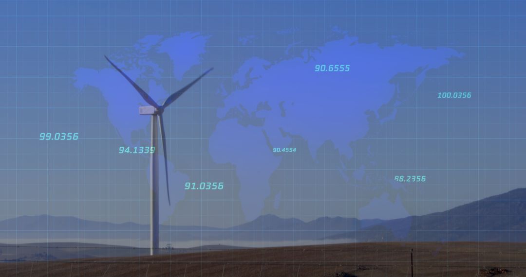 Wind Turbine with Global Data Overlay on World Map