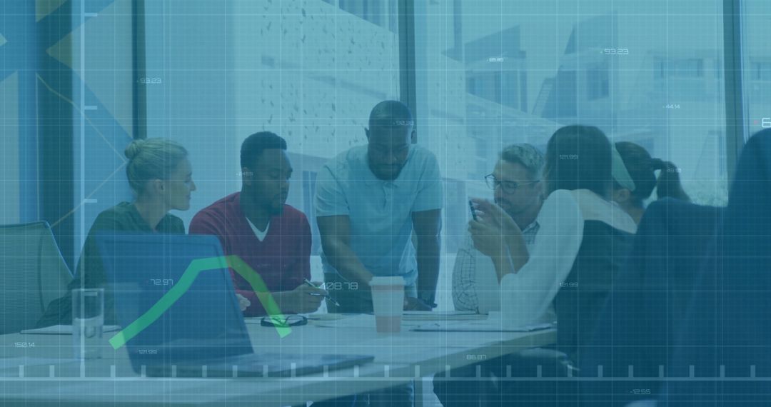 Team Discussing Financial Trends with Overlaid Analytics