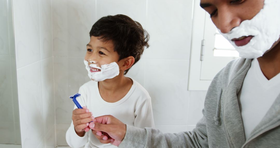 Father Teaching Young Son How to Shave in Bathroom - Free Images, Stock Photos and Pictures on Pikwizard.com