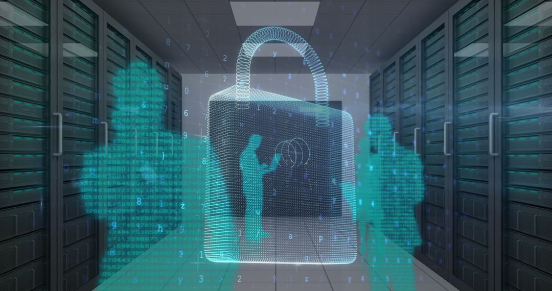 Cybersecurity Threat Warning Displayed over Holographic Servers