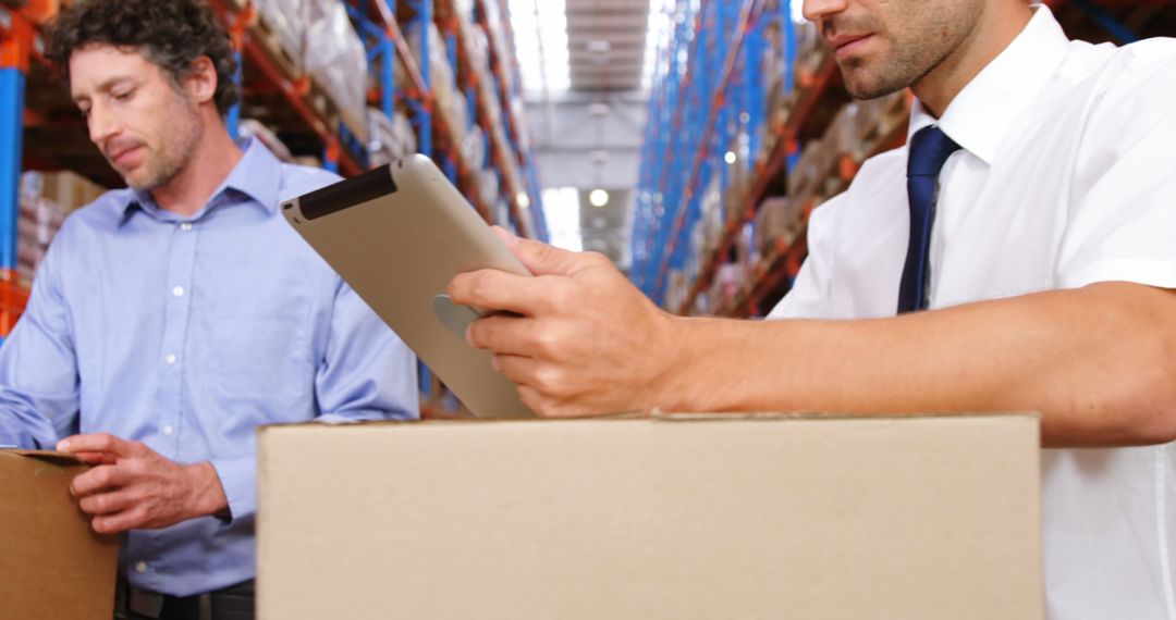 Warehouse Workers Using Tablet Checking Inventory Shipping Boxes - Free Images, Stock Photos and Pictures on Pikwizard.com