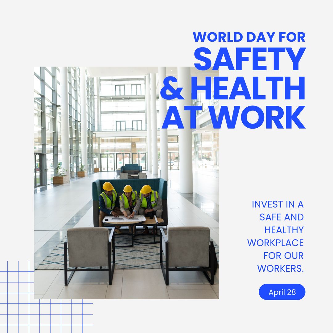 Composition of world day for safety and health at work text with workers wearing helmets - Download Free Stock Templates Pikwizard.com
